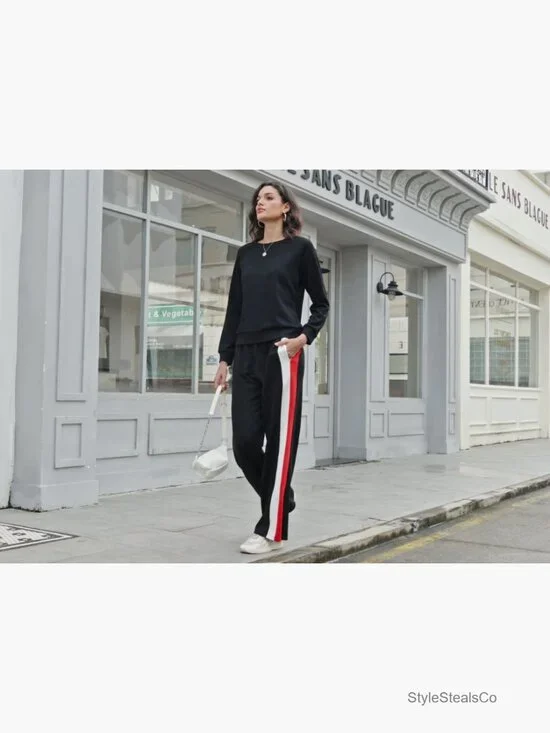 Women's 2-Piece Tracksuit Set Long Sleeve Pullover Wide Leg Pants - Picture 6 of 7